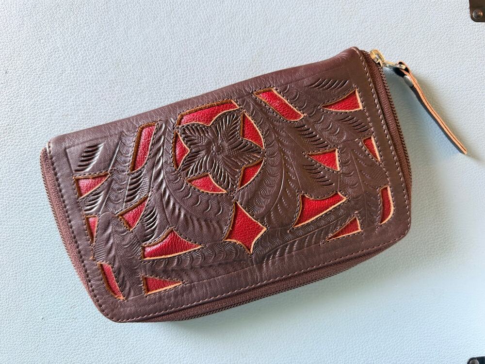 Tooled Leather Wallet Paraguay Multi Compartment Genuine JL Saldivar Burgundy